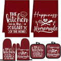 Sratte 6 Pcs Kitchen Decor Accessories Set Farmhouse Towels Pot Holders Oven Mitts Set 2 Dish Towels 2 Potholders 2 Cooking Mittens Oven Glove for Christmas Baking Cooking(Wine Red,Kitchen)