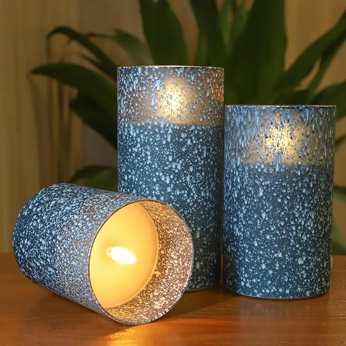 Blue Flameless Candles with Remote, Real Wax Glass Battery Operated Candles with Timer, LED Pillar Candle for Bedroom Home Wedding Birthday Party Fall Halloween Christmas Decorations, Set of 3
