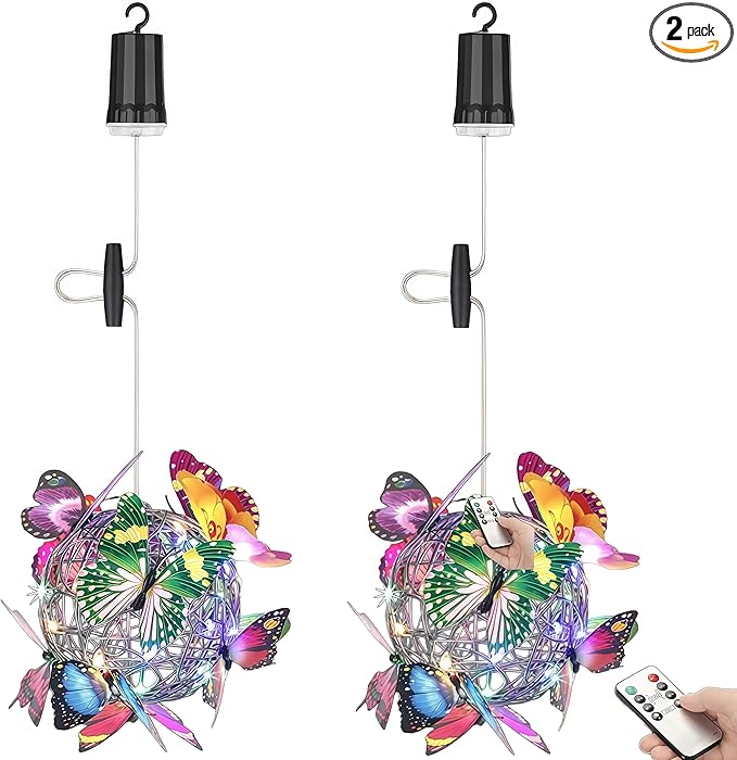 Lightess Butterfly Garden Decor Hanging Gazebo Lights, Waterproof Battery Operated Chandelier with Remote, Outdoor Lanterns for Patio, Porch, Pergola (2 Pack)