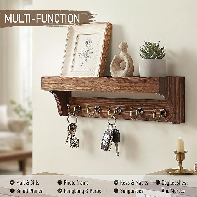 Rebee Vision Pine Wood Key Holder Wall Mount - Multifunctional Key Holder for Wall with Hooks and Shelf for Mail, and Hats - Perfect for Home and Office Organization (Vintage Brown)