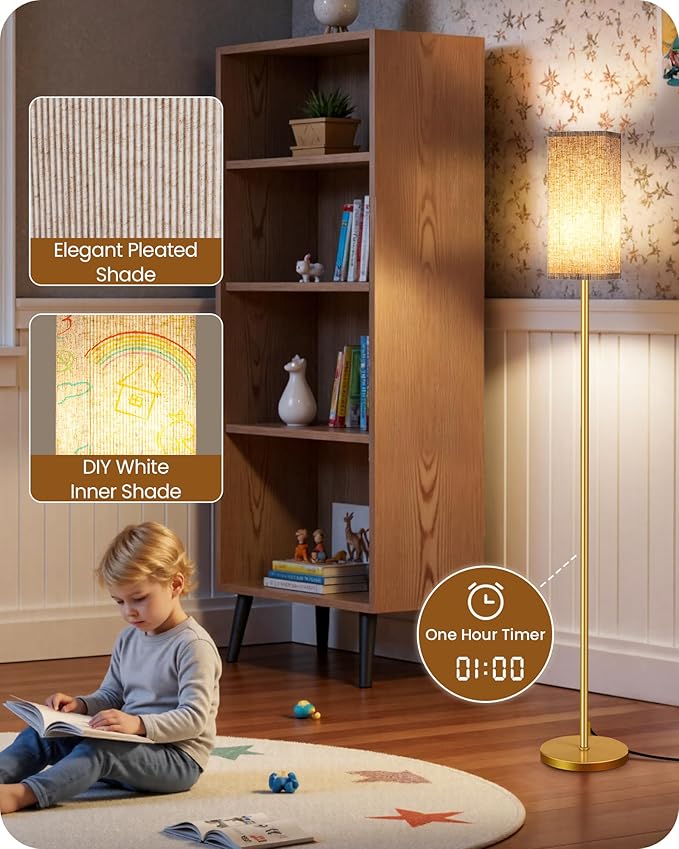 64.2” Dimmable Floor Lamp for Living Room with Remote and Foot Switch, Corner Floor Lamp for Bedroom, Includes 10W A19 Bulb, Modern Standing Tall Lamp, ETL Listed, Beige and Gold DE17LD05