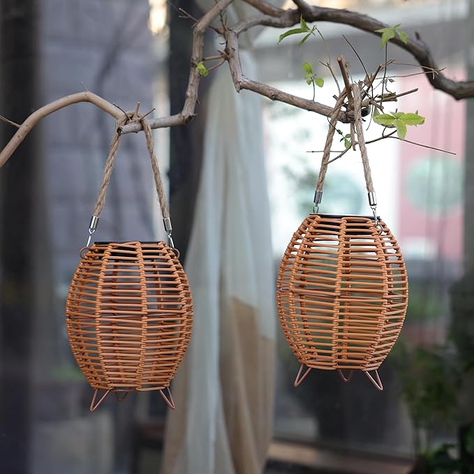 Outdoor Rattan Lanterns, Decorative Hanging Lights for Patio Garden Backyard （Two Pack）(Style 3)