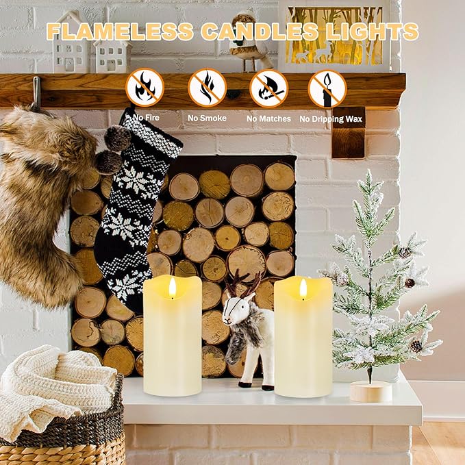 VEEKI Flameless Candles Light, Set of 2 6"x3" Flickering LED Candles with Remote & Timer, Dimmable Real Wax Electric Pillar Candles Battery Operated, White Candles for Home Christmas Decor (White)