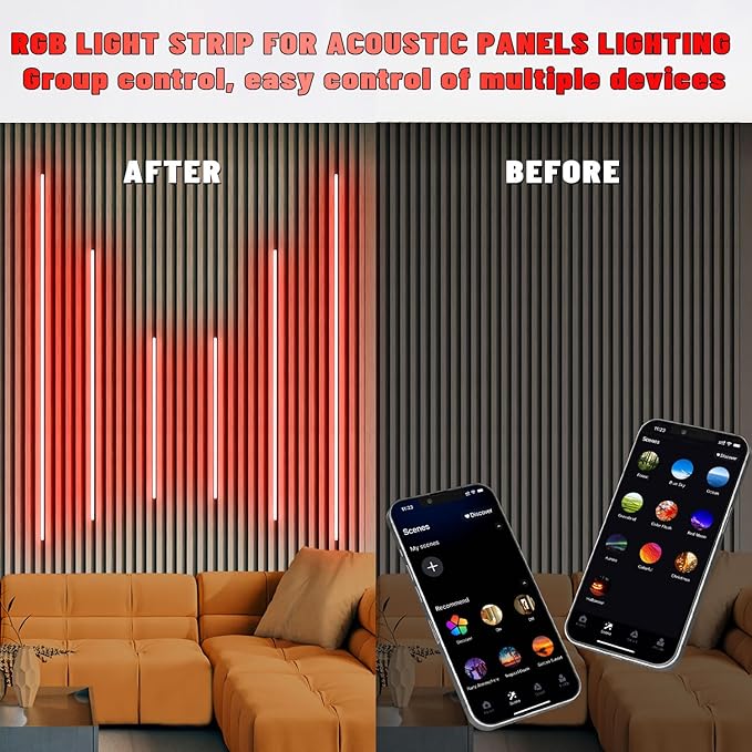 Lichaser RGB Black Smart Recessed Lighting for Acoustic Panel, 6 Pcs WiFi LED Strip Light for Wood Slat Wall Panel Compatible with Alexa, Self-Adhesive Smart LED for Slat Wall (4 * 28 in+2 * 16 in)