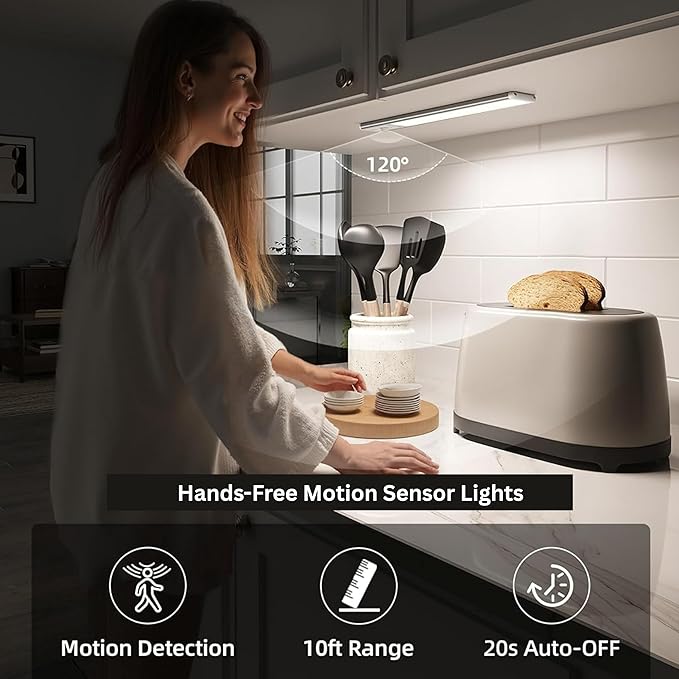 15" LED Cabinet Light with Motion & Light Sensor, Pack of 2 Rechargeable Under Cabinet Lighting, 3 Color Modes 3000K/4500K/6000K, 80 LEDs, 180LM, USB, 2200mAh Battery, Wireless Closet Light