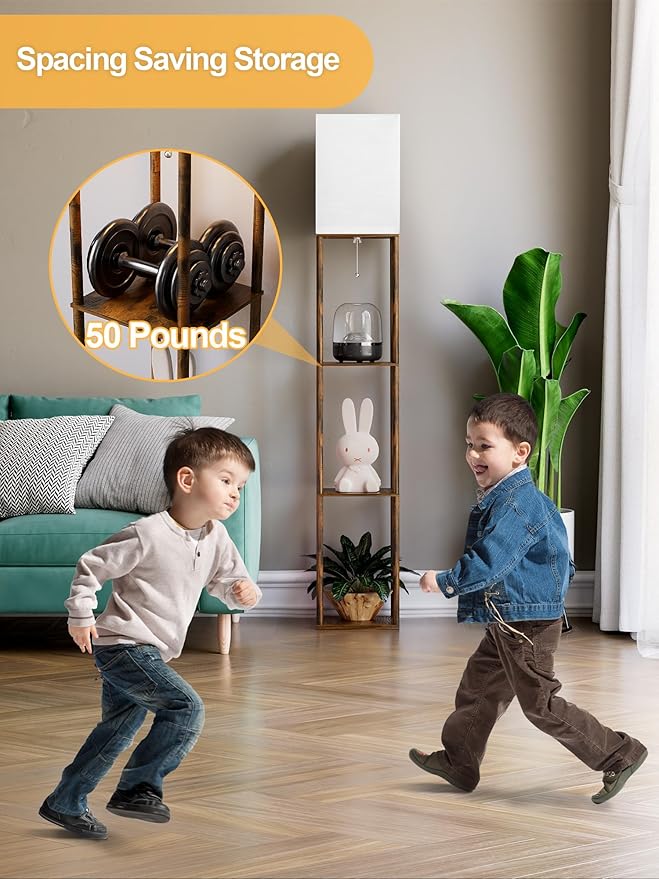 PARTPHONER Floor Lamp with Shelves for Living Room 2 Pack, Shelf Floor Lamp with 3 CCT LED Bulb, Corner Display Standing Column Lamp Etagere Organizer Tower Nightstand for Bedroom, Rustic Brown