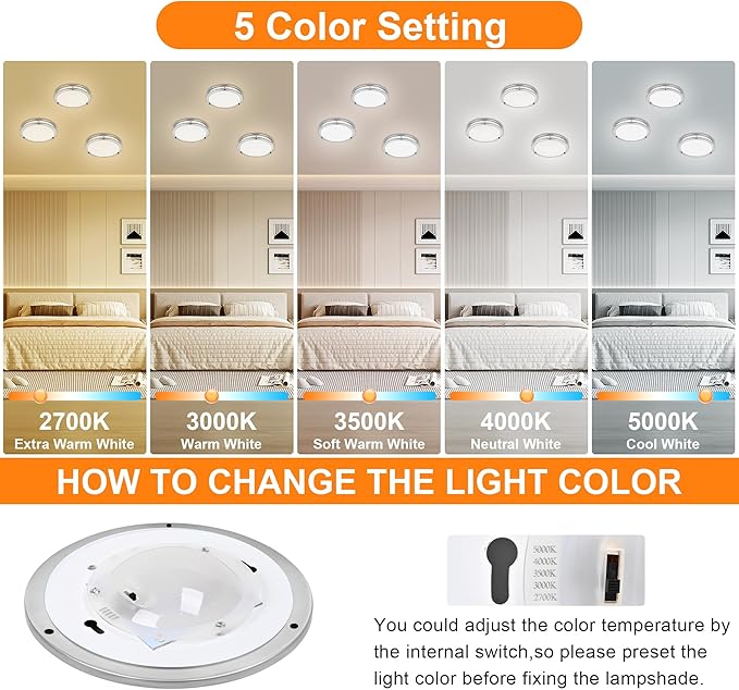 4 Pack 7.5 Inch Round Brushed Nickel Ceiling Light Fixture - Flush Mount LED Ceiling Lamp Set of Four 2700K/3000K/3500K/4000K/5000K Adjustable Brushed Nickel Bathroom LED Light for Bedroom 12W