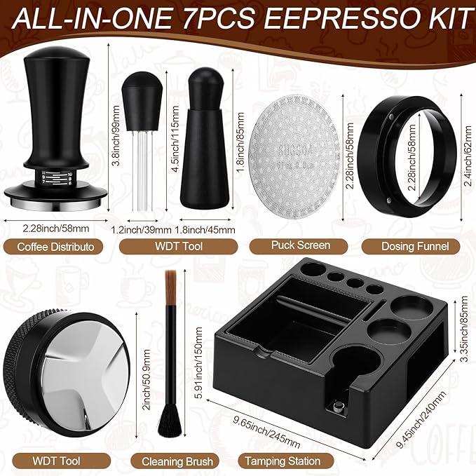 7pcs Espresso Accessories Kit 51/58/53mm Tamping Station Machine Accessories Spring Loaded Calibrated Tamper Wdt Espresso Tool and Dosing Funnel Set Distributor and Tamper Leveler(58mm)