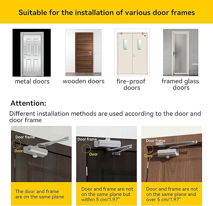 Automatic Door Closer Heavy Duty Spring Size 2 Hydraulic Aluminum Alloy UL 3-Hour Fire Rating Surface Mounted Residential Commerical Door Closures Adjustable Speed Door Weights 88-144 Lbs