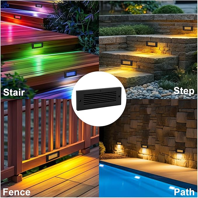 Low Voltage Step Lights, RGBCW, 5W, 8.7 Inch, Black, 12V LED RGB Color Changing for Wired Low Voltage Landscape Lighting of Outdoor Deck Stair Step Fence, Surface Mount, ETL, 6PK