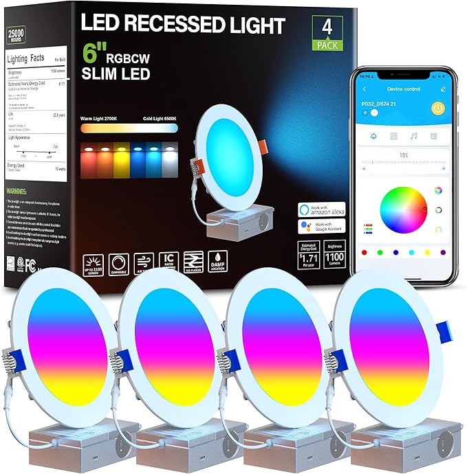 CHARKEE 6 Inch Smart Recessed Lights, RGBCW Color Changing Dimmable Downlights with Junction Box, Compatible with Alexa & Google Home, 13W 1100LM, 4pack