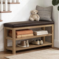 Shoe Rack Bench with Leather Cushion, 2 Tier Solid Wood Storage Bench, Mid-Century Modern Shoe Bench for Entryway, Hallway, Closet, Front Door Entrance, Foyer (Dark Brown, 46.5)