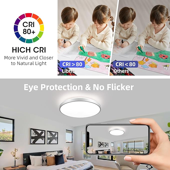 HOREVO LED Bluetooth Ceiling Light with Speaker Remote Control‌ Dimmable RGB Color Changing, Modern Flush Mount for Living Room, Bedroom, Kitchen, Laundry，Silver 16inch