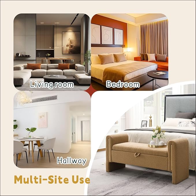 Modern 52" Storage Ottoman Bench, Upholstered End of Bed Storage Bench with Armrests, Entryway Bench, Teddy Foot Rest Stool for Living Room Hallway Bedroom (Coffee Brown)