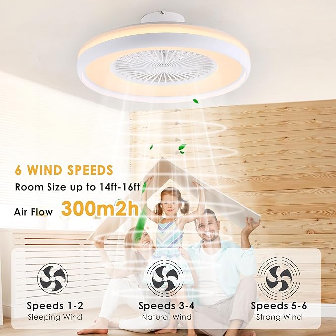 24" Bladeless Ceiling Fan with RGB Light Remote, Smart LED Ceiling Fans with Voice/App Control, Modern Low Profile Dimmable Light Ceiling Fan for Bedroom Living Room White