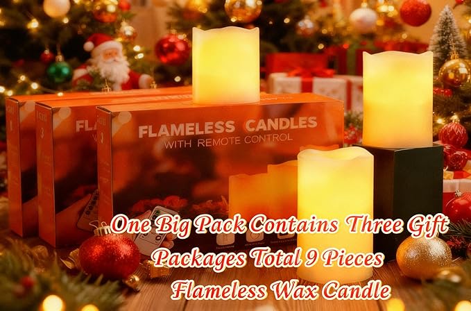 YIWER Wax Flameless Candles, Battery Operated Candle with 10-Key Remote and Time Flickering Light Ivory Pillar Fake Decor for (D3.15 x H 4"/5"/6",9-Pack)