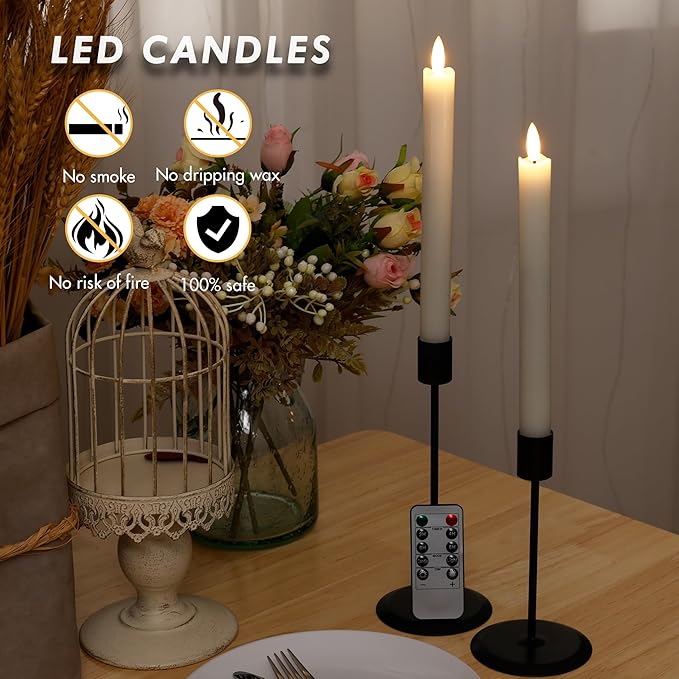 Flameless Taper Candles with Two Rmote, 9.6" Real Wax Battery Operated Candles with 3D Wick, 6 Pack Led Candle Flickering Candlesticks, Electric Candle for Home, Wedding, Party, Decor, White