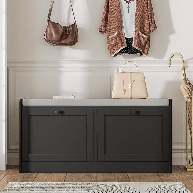 MHOM Black Modern Entryway Bench with 2 Flip Drawers, Shoe Bench with Padded Seat Cushion, Wooden Storage Bench for Hallway and Entryway