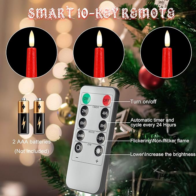 Red Flameless Taper Candles with 3D Wick, 9.6" Real Wax LED Candles with Remote and Timer, 3 Pack Flickering Candlesticks Battery Operated, Classic Tall Taper Candle for Home, Wedding, Party