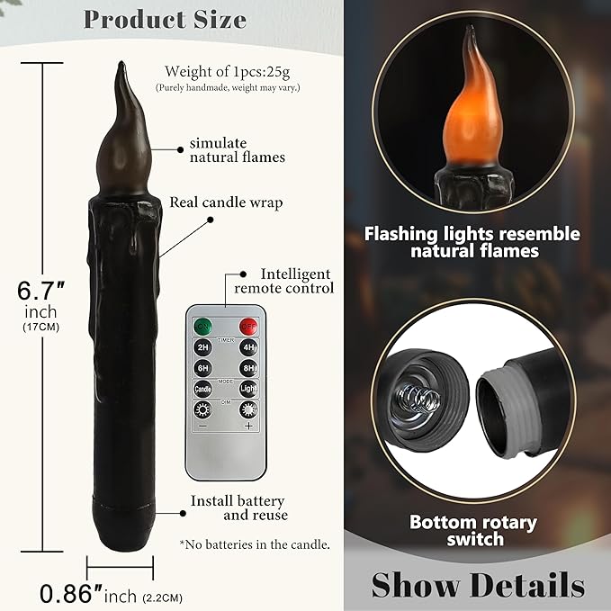 Black Flameless Short Taper Candles, Real Wax Hand Dipped LED Battery Operated with Remote, Flickering Flame Lights for Festival Party Home Décor, 6.7 Inch Primitive Flameless Candles, 2PCS