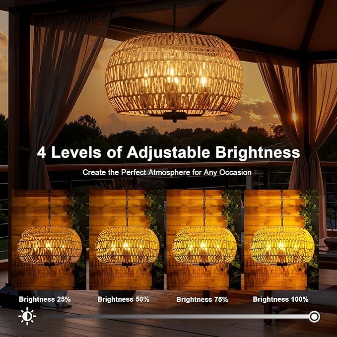 Outdoor Solar Chandelier, 4-Light 19" Rattan Outdoor Chandelier, Hanging Pendant Lights, Waterproof, for Gazebo, Pergola, Porch, Patio