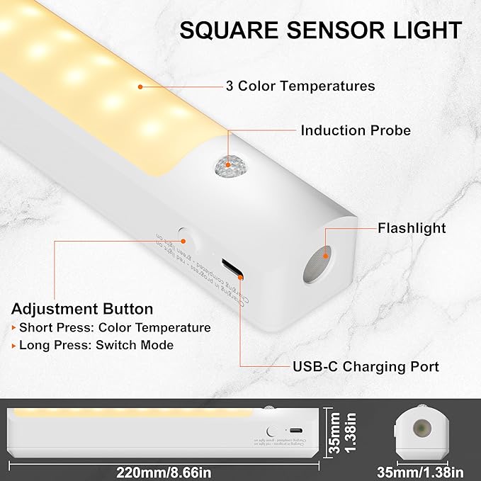 Under Cabinet Lighting Wireless, 2200mAH Rechargeable Stair Lights, 6 Pack -3 Color Temperatures &2 Modes, Equipped with a 3-in-1 Charging Cable, Under Counter Lights for Kitchen