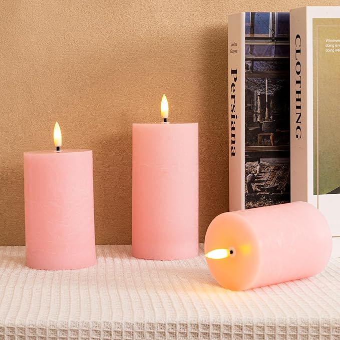 Pink Flameless Pillar Candles, Real Wax Battery Operated Candles with Remote, Flat Top Flickering Flameless Candles, LED Candles for Home Party Wedding Romantic Night Decor, Set of 3