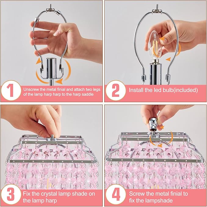 Luvkczc Set of 2 Bedside Pink Crystal Table Lamp, Touch Control Crystal Lamp, Dimmable Lamp for Bedroom, Girl Living Room, 6W B11 Bulb Included