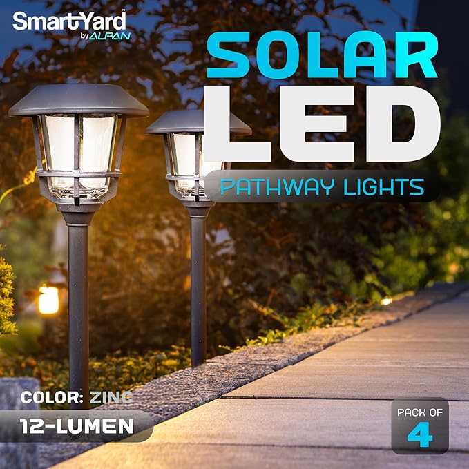 Solar Pathway Lights 4 Pack – 12 Lumens LED, Warm White, Weather-Resistant, Durable Stainless Steel & Aluminum, Outdoor Solar Garden, Yard, Walkway Lighting, Easy Stake Installation