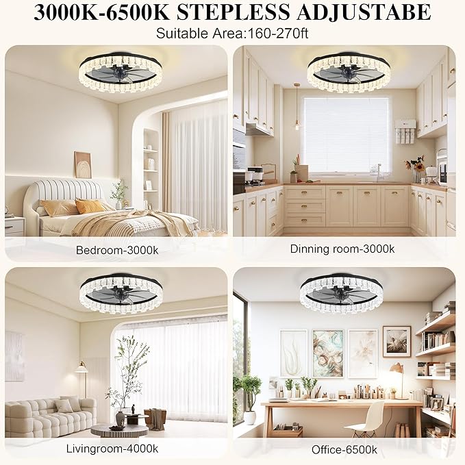 Ceiling Fans with Lights and Remote Fandelier - Black Crystal 20'' Flush Mount Low Profile Modern Ceiling Fans for Bedroom - Stepless Color Temperature and 6 Speeds
