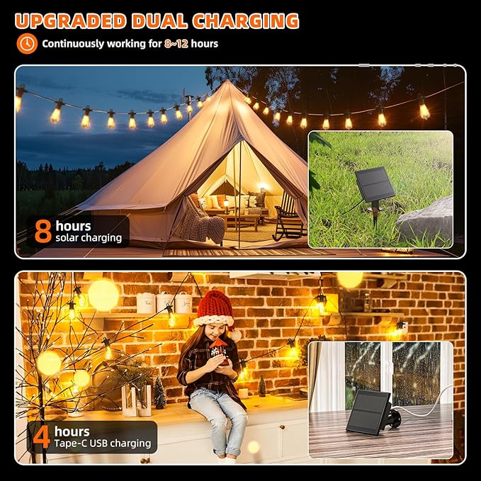 Kawaya Solar Powered String Lights: 50 FT LED Outdoor Patio Hanging Lights with 25+2 Edison Bulbs - USB-Charging - IP65 Waterproof
