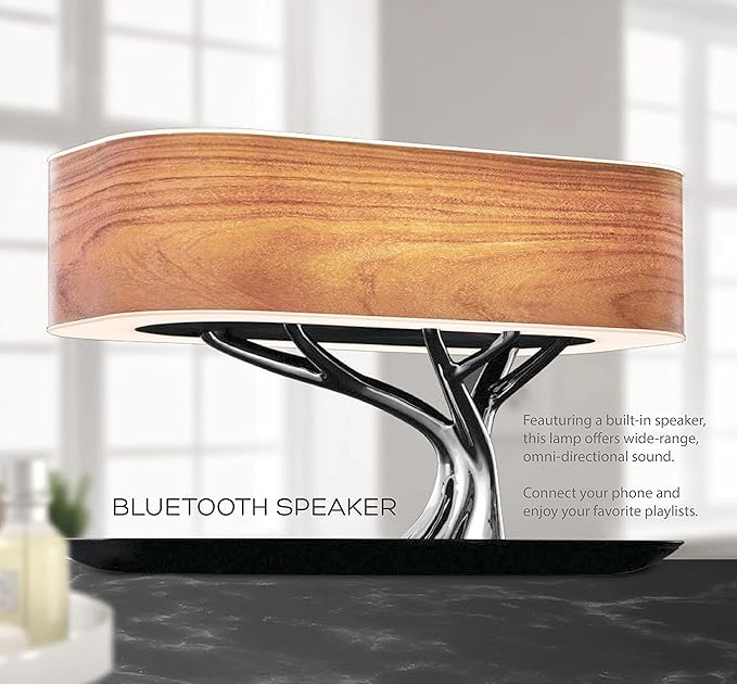 Bonsai Modern LED Bedside Smart Table Lamp with Built-in TWS Bluetooth Speaker and Qi Wireless Charger for Home and Office, Stepless Dimming with Sleep Mode (Tree of Light)