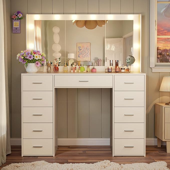Large Vanity Desk with Mirror and Lights, 43.3" Makeup Vanity Desk with Lights, 3 Color Hollywood Bulbs, White Vanity with 11 Fabric Storage Drawers & Power Outlets for Bedroom Dressing Room