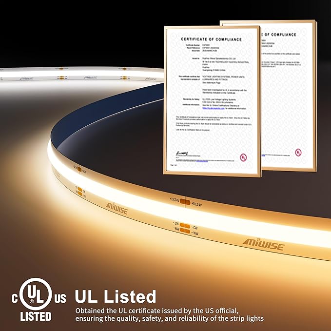 MIWISE COB LED Strip Light White LED Tape Lights 2700K-6500K 24V Color Changing Dimmable 6.56ft UL-Listed Super Bright with Remote & APP Control for Under Cabinets,Bedroom,Mirror,TV DIY Lighting