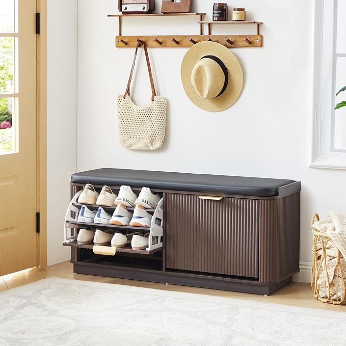 43.3''W Fluted Shoe Rack Bench with 2 Flip Drawers, Entry Bench Seat with 3-Tier Shoe Storage and Leather Cushion, Shoe Organizer Bench for Entryway, End of Bed, Living Room - Espresso