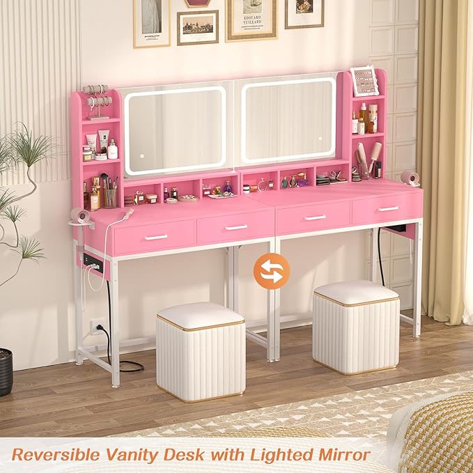Small Vanity Desk, Vanity Desk with Mirror and Lights, Makeup Vanity Desks with Power Strip, Vanity Table with Drawers and Shelves, Adjustable Lighting, Dressing Table for Bedroom Dressing Room, Pink