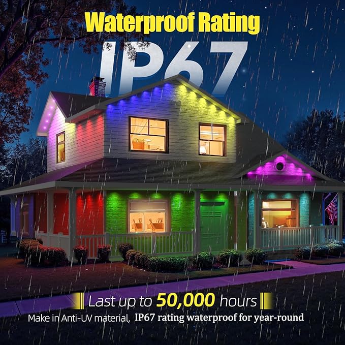 Permanent Outdoor Lights, 50ft RGB+IC Smart LED Lights, IP67 Waterproof Smart Outdoor Decorations with App/Remote for Christmas, New Year, Halloween, Holiday, Daily, Party Decor,Valentine's Day