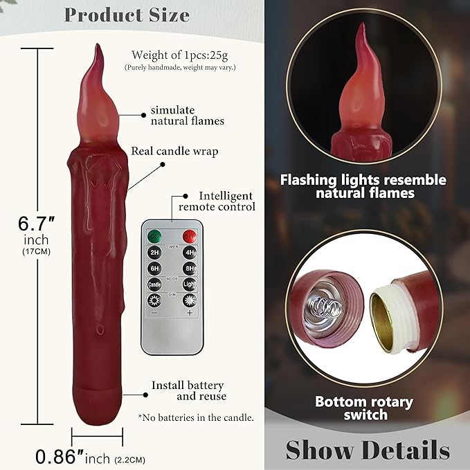 Burgundy Flameless Short Taper Candles, Real Wax Hand Dipped Dark Red LED Battery Operated with Remote, Flickering Flame Lights for Festival Home Décor, 6.7 Inch Primitive Flameless Candles, 4PCS