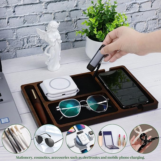 MultiBey Acacia Wood Valet Tray Nightstand Organizer, Wooden Valet Trays for Men Women, Wood Desk Organizer Drawer, EDC Essentials Catchall Tray for Phones, Watch, Pens, Keys