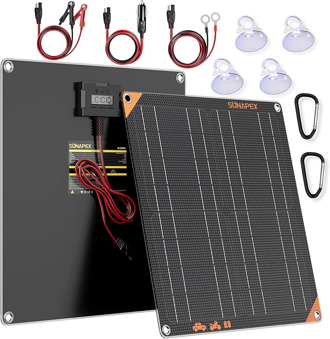 SUNAPEX 12V 20 Watt Solar Trickle Charger Maintainer - Waterproof Solar Powered Battery Charger - Solar Panel Kit Built-in Smart Charge Controller for Car Rv Trailer Truck Boat Automotive Marine