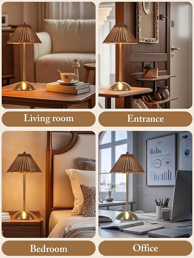 2 Pack Boho Rattan Table Lamp,Wicker Night Light,LED Rechargeable Reading Lights,3 Color Touch Control Dimmable Bedside Lamps Living Room Bedroom Office Lighting Home Outdoor Decor