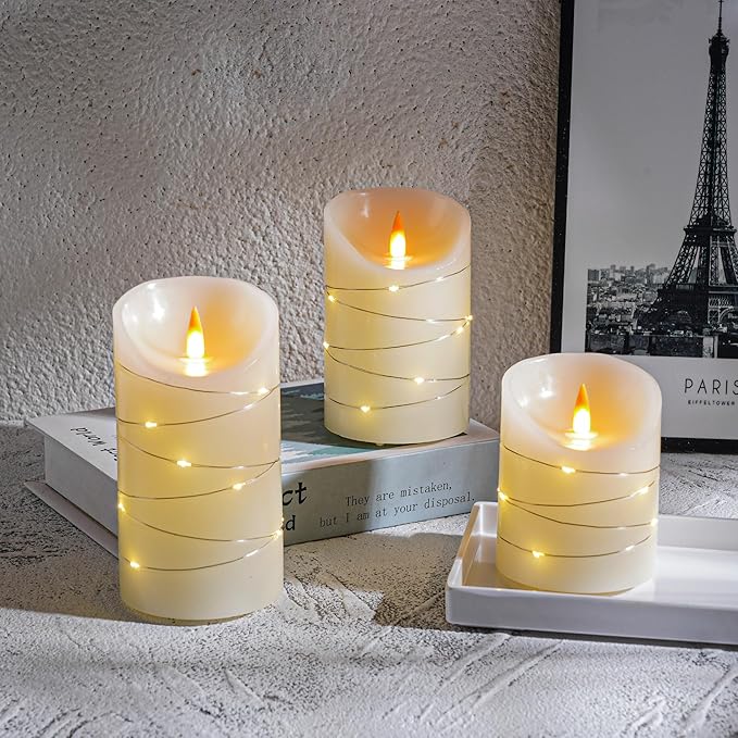 Ivory White Rechargeable Flameless LED Candles 3Pcs (4/5/6") Real Wax with String Lights, Remote & Timer, Safe Realistic 3D Flame for Spring Decor, Easter, Home & Bedroom