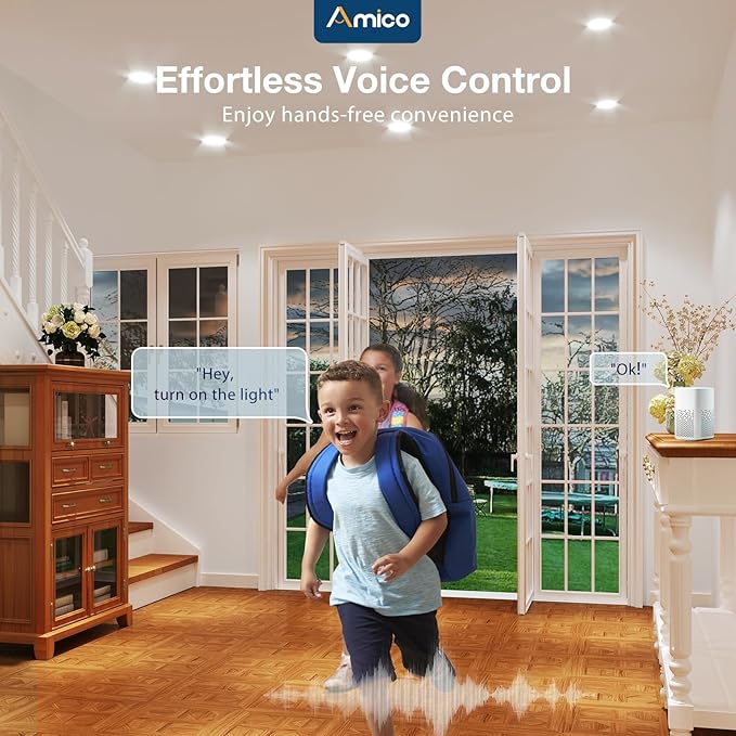 Amico 6 Pack 4 Inch Smart LED Recessed Lighting, WiFi Bluetooth Canless Downlight with Junction Box, RGB & 2700-6500K Color Changing, 10W=70W 800LM, Voice&Remote&Group Control