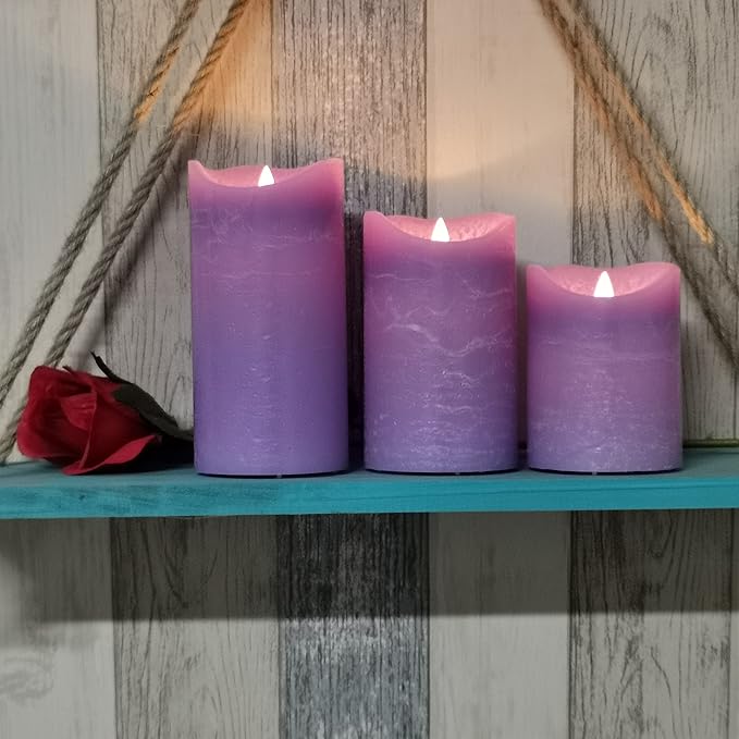 CANDLE CHOICE Real Wax Battery Operated Flameless Candles with Remote Automatic Daily Cycle Timer Realistic Flickering Electric LED Pillar Wedding Party Holiday Decoration 3 Pack Rustic Texture Purple