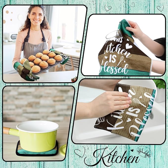 Fourluoo 10 Pcs Farmhouse Kitchen Decor and Accessories Set 4 Kitchen Towels 2 Pot Holders 2 Oven Mitts 2 Rugs for Cooking Baking Mom Housewarming Gifts(Green,Classic Style)