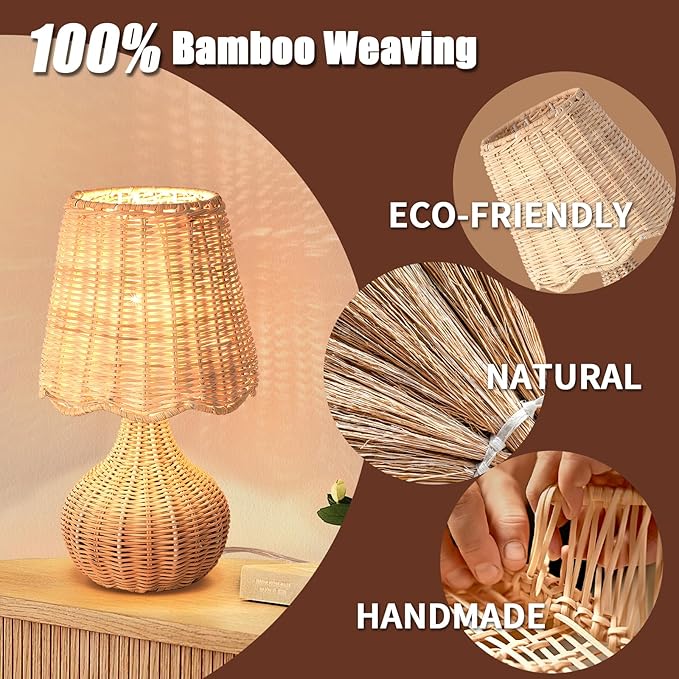 Rattan Small Bedside Table Lamp for Bedroom, Boho Mini Table Lamps for Nightstand, Farmhouse Small Table Lamps for Small Spaces for Kitchen Counter, Bookshelf, Bedroom, Kids Dorm