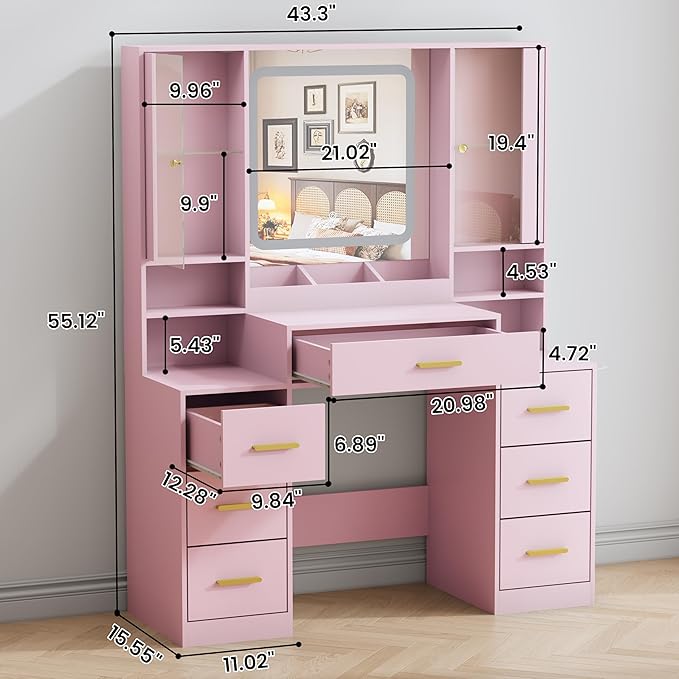 Vanity Desk with Mirror and Lights, Makeup Vanity with 7 Drawers, 2 Glass Door Cabinets, Charging Station, Adjustable Shelves, RGB Lighting, Hair Dryer Holder