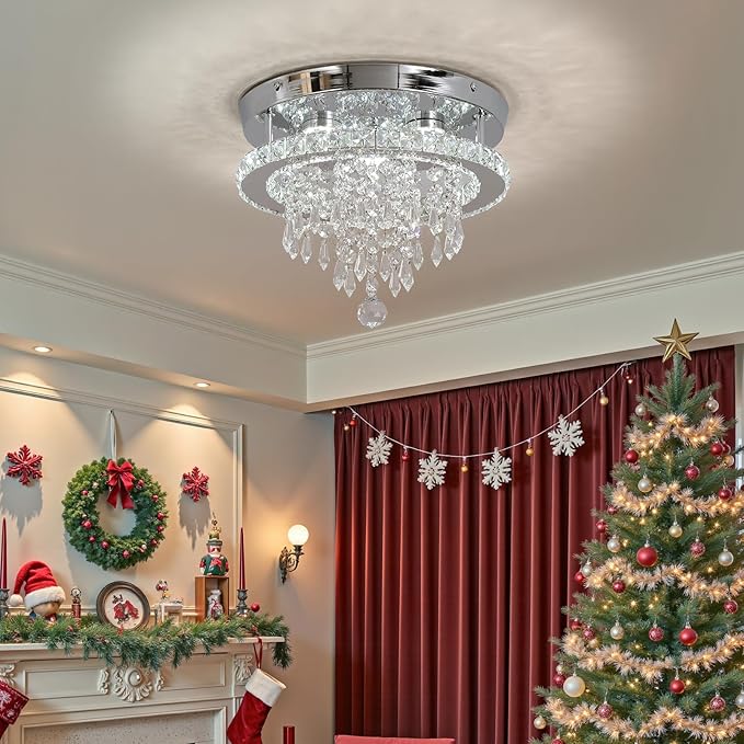 Deckrico Modern Crystal Chandelier 11.8" LED Ceiling Light Chrome Flush Mount Lighting Fixture for Bedroom, Hallway, Kitchen, Dining Room – Cool White