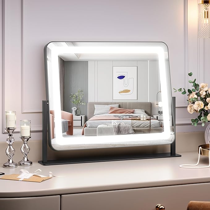 IDEALHOUSE Vanity Mirror with Lights, 20"x17" Lighted Makeup Mirror, LED Desk Mirorr with 360° Rotation, Dimmable 3 Modes, Smart Touch Control for Bedroom or Tabletop(Square,Black)