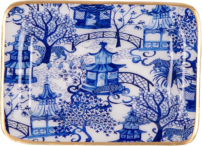 Jaye’s Studio Garden Party Decorative White and Blue Soap Dish for Bathroom, Enamel Tray, Vanity Tray for Dresser, Countertop, Sink Soap Tray for Desk, Jewelry Tray Gold, Key Plate, Chinoiserie Decor